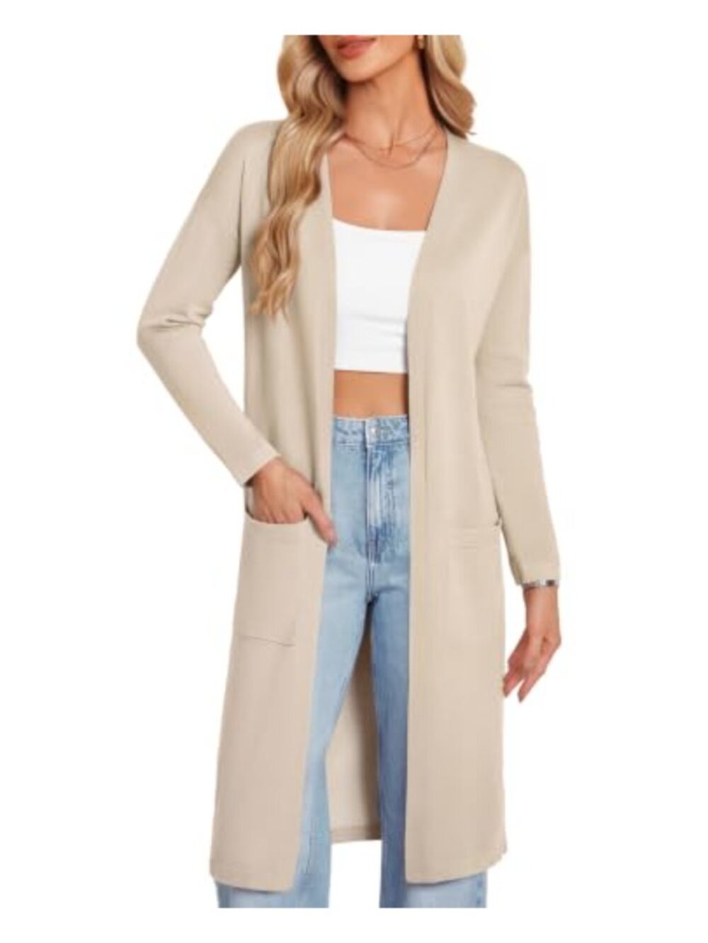 Long Open Front Cardigan Sweater for Women Knit Duster with Pockets